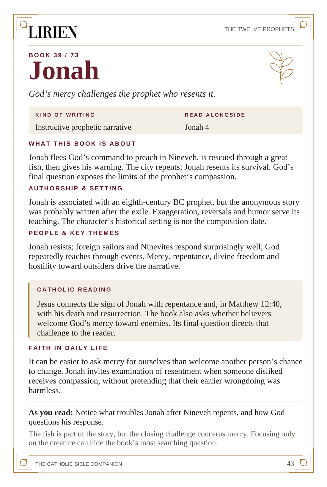 Jonah, page 43 of the redesigned Lirien Catholic Bible Companion, with its overview, Catholic Reading section and reflection on mercy.